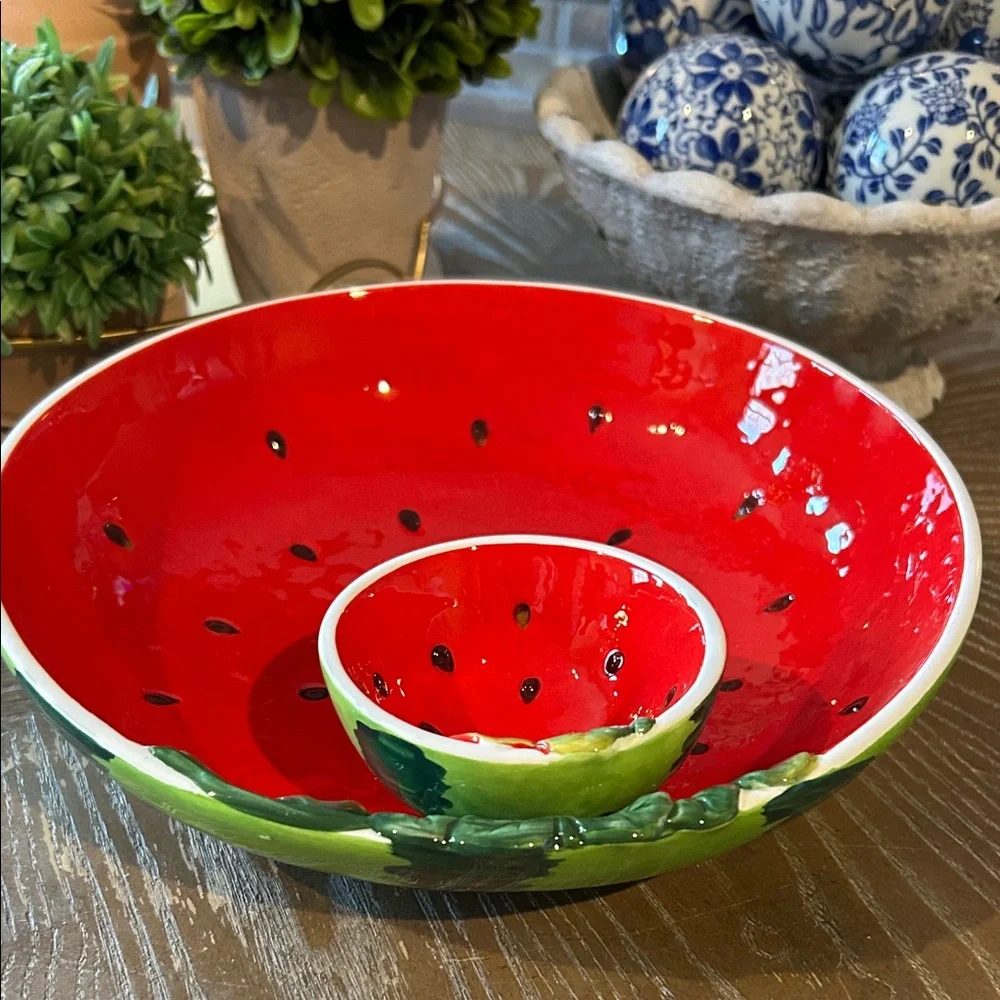 NEW! Ceramic Stoneware Vibrant Watermelon Chip & Dip Serving Fruit Bowl